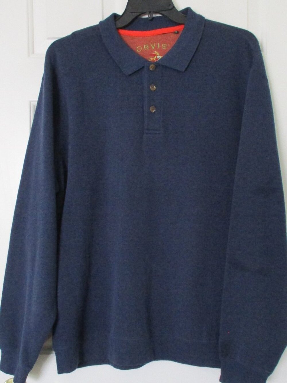 Orvis Mens L/S Dark Blue Cotton Polo Placket Winter Sweater - Size XL